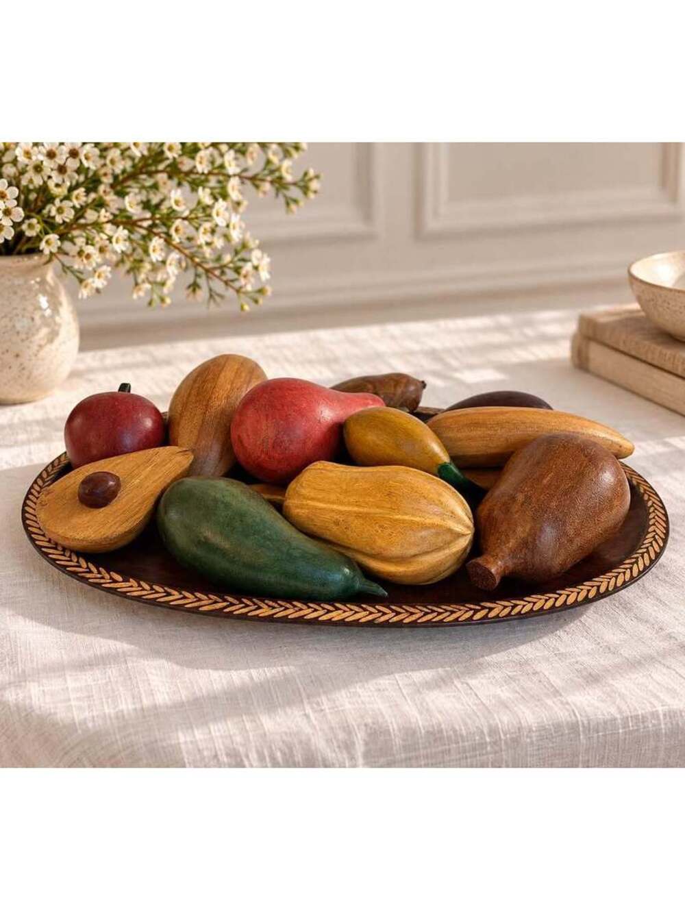 Vintage Hand Carved Wooden Fruit Set with 15” Fish Etched Tray Folk Art Decor